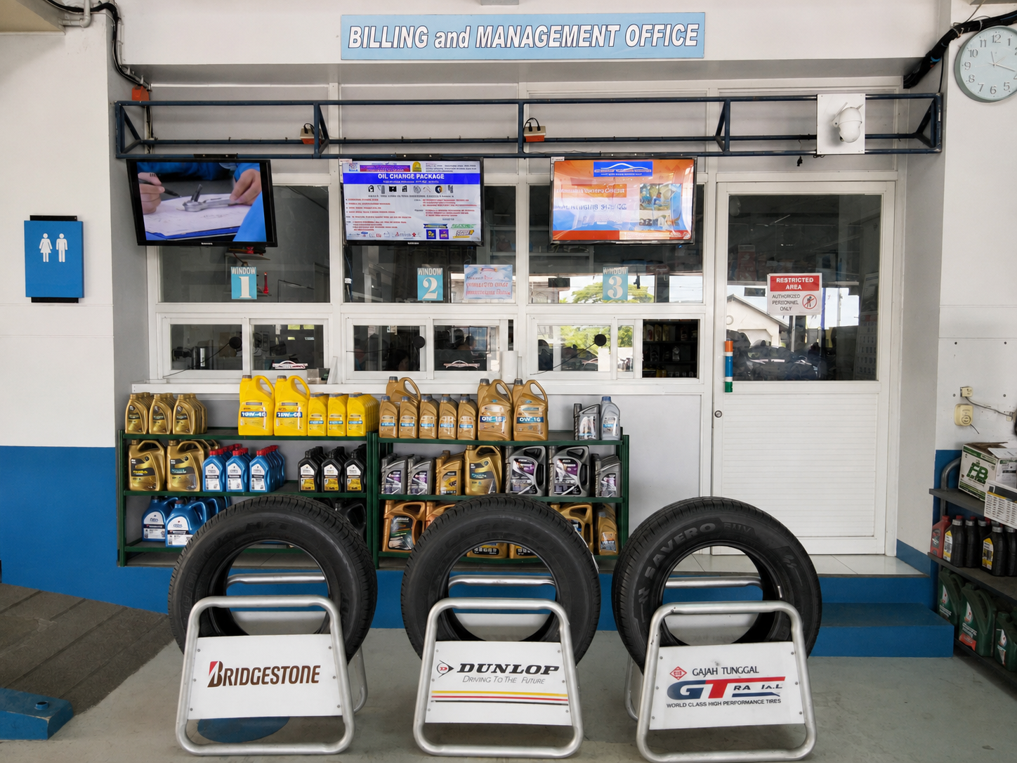 Billing and management office with automotive products and tires