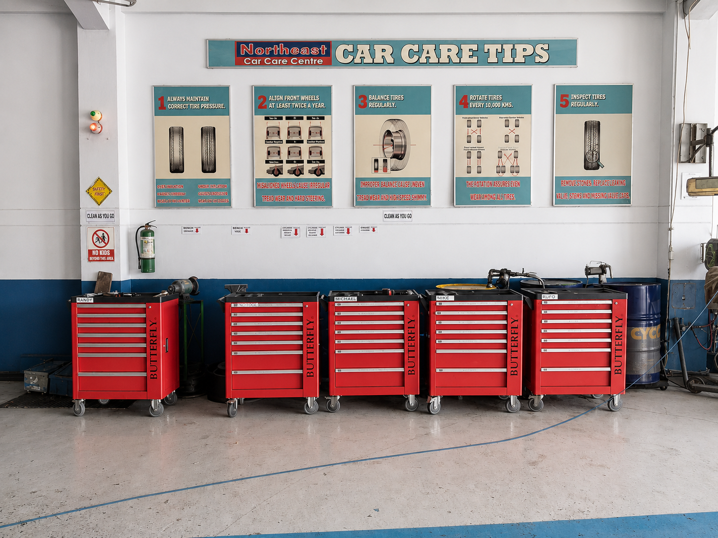 Workshop tool cabinets and car care tips area