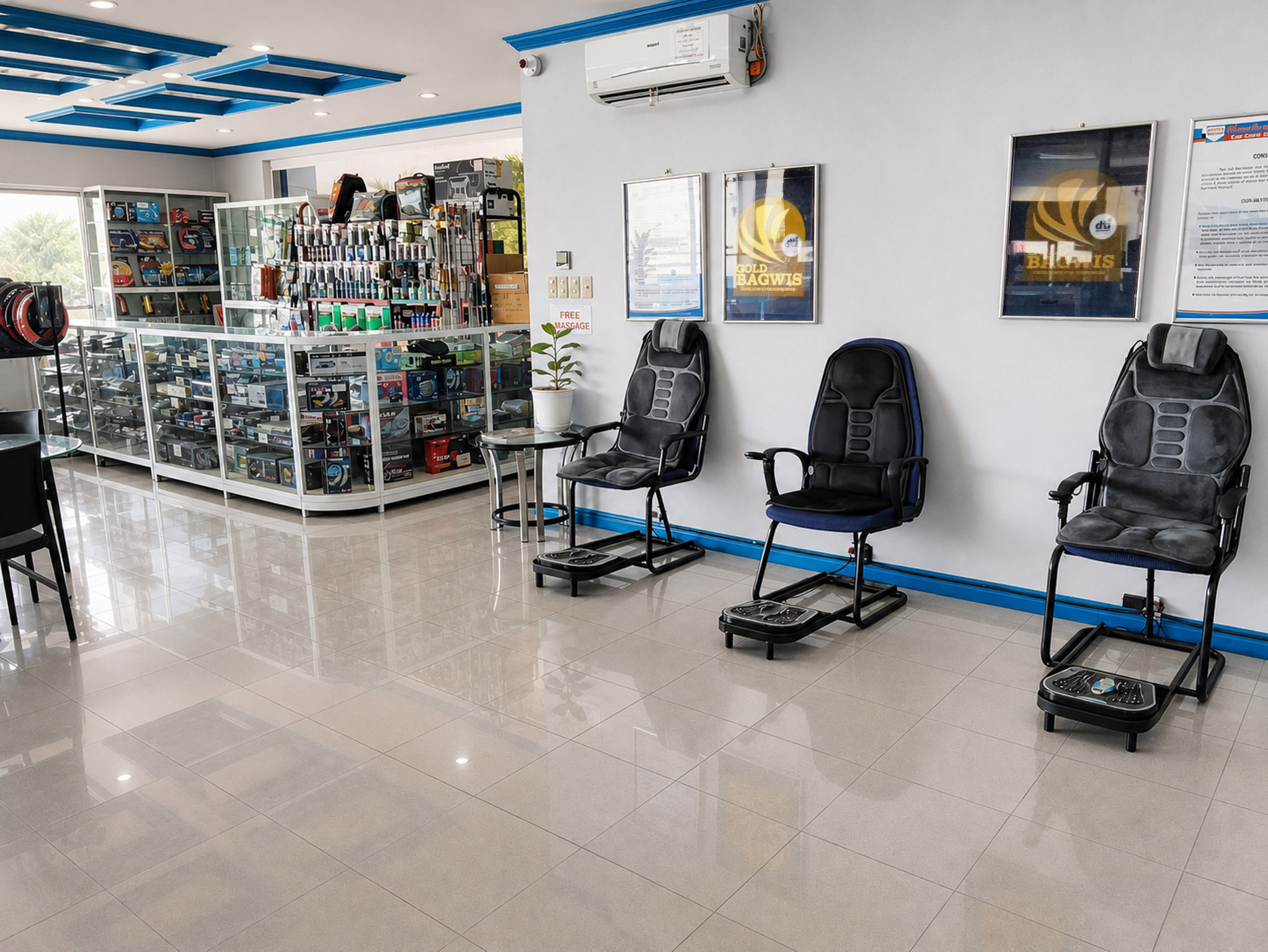 Customer lounge with massage chairs and product displays