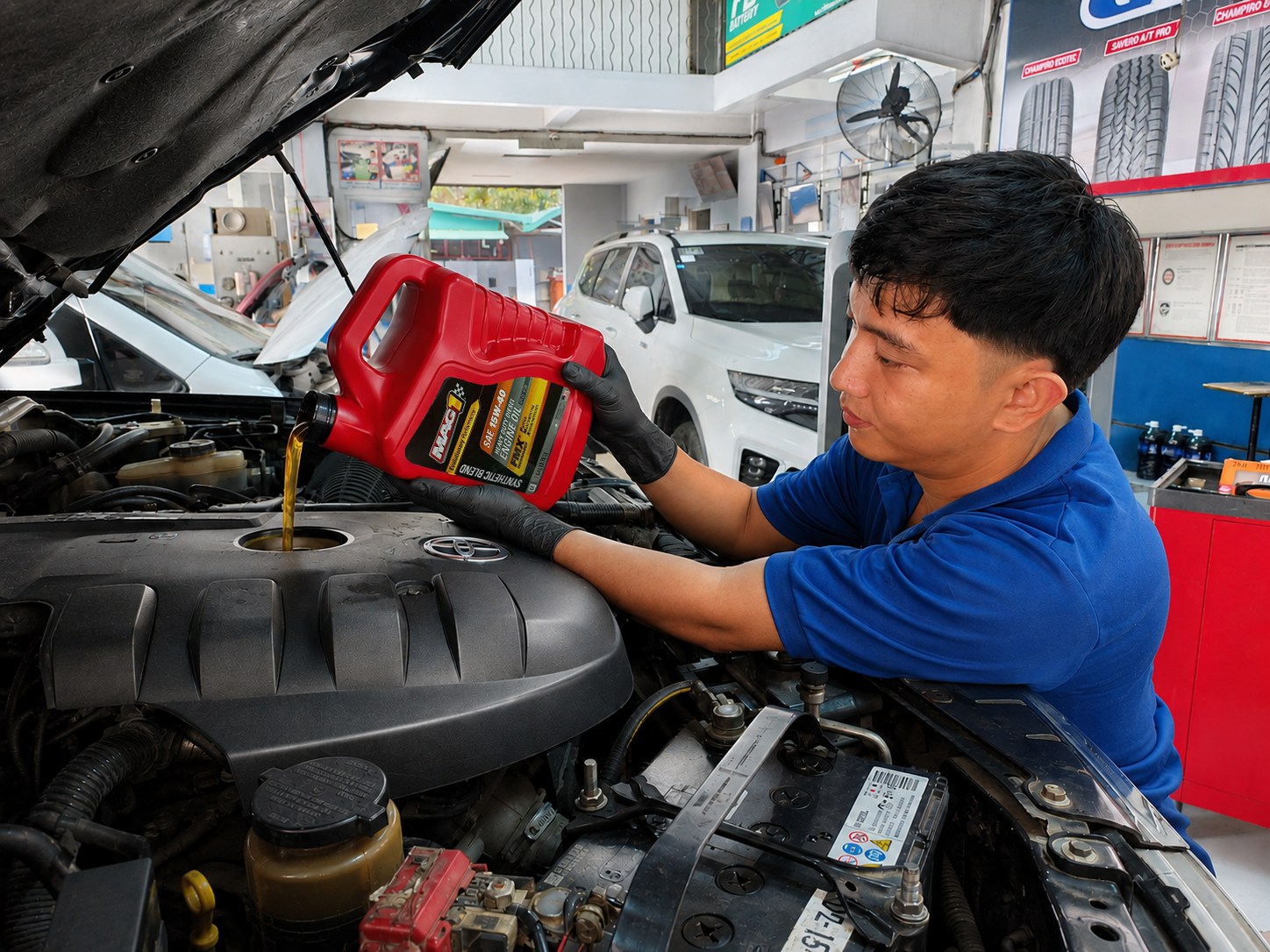 Northeast Car Care Centre technician pouring engine oil during vehicle maintenance